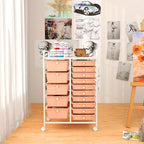 LUARANE Rolling Cart with 15 Drawers, Craft Storage Cart with Portable Handles & Lockable Wheels, Mobile Toys Organizer, Large Capacity Utility Drawer Cart Home Office School Teacher (Peach)