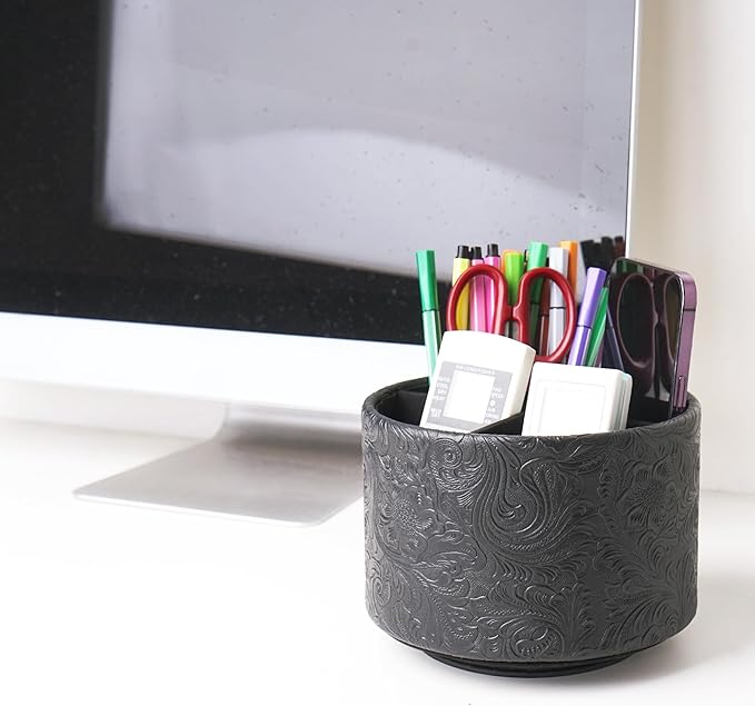 lizimandu Round Leather Art Supply Organizer,Remote Control Holder,360 Degree Spinning,Multi-Functional Pencil Holder,4 Compartments Desktop Stationary Organizer(1-Carved Black)