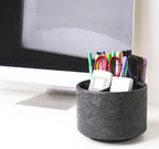 lizimandu Round Leather Art Supply Organizer,Remote Control Holder,360 Degree Spinning,Multi-Functional Pencil Holder,4 Compartments Desktop Stationary Organizer(1-Carved Black)