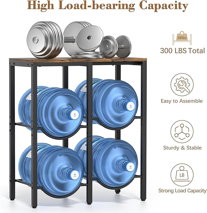 VINAEMO 5 Gallon Water Jug Holder, 3-Tier Water Jug Stand with Extended Wood Tabletop Shelf, 4 Slots 5 Gal Water Bottle Holder Storage Rack with Water Dispenser Stand for Home,Office,Garage Organizer