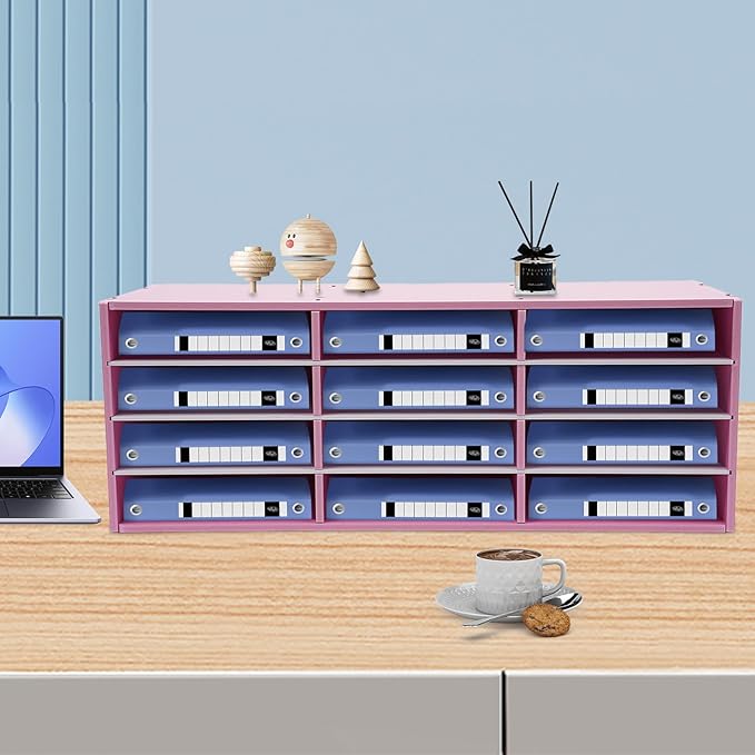 LOYALHEARTDY Mail Sorter Organizer, PVC Countertop Literature Organizer, Student Mailbox for Classroom, Desktop Bill Paper Organizer for Office Home School, 12 Compartments, Pink