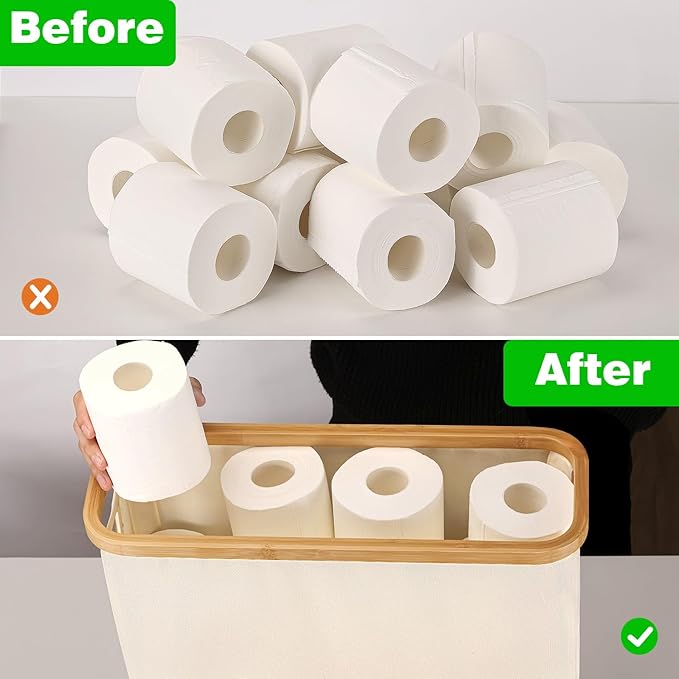 Toilet Paper Storage Basket with Bamboo Lid, Large Storage for Up to 9 Mega Rolls or 12 Regular Rolls, Toilet Paper Organizer for Bathroom (Beige)