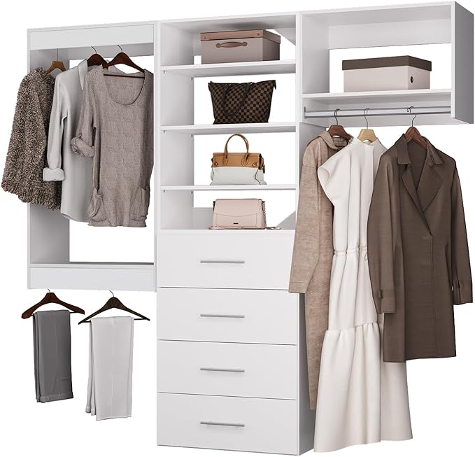 ROOMTEC Modular Closet System, 102" Wall Mounted Closet Organizer with Hanging Rods and Drawers, Modern Wooden Tower for Walk-In Closets, Wardrobe Storage Kit, White