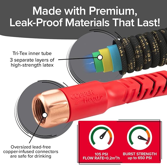 Pocket Hose 25 FT Copper Head Expandable Garden Hose with Pocket Pivot, No Tangles, AS SEEN ON TV, 360° Swivel, Tri-Tex Tubing, Force Field Jacket, Lead-Free, No-Kink, Anti-Burst w/APT