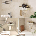 Onemake Aluminum Shower Caddy Suction Cup, No Drilling Bathroom Shower Shelf, Corner Shower Caddy with 6 Portable Hooks, Removable Bath Organizer with Towel Bar for Bathroom Storage(Cream White)