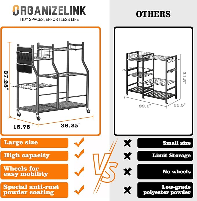 36" Large Garden Tool Organizer with Wheels & Side Tool Bag, 3 Tier Rolling Garage Storage Rack for Long Handled Rakes, Shovels, Brooms, Freestanding Yard Tools Cart for Shed & Outdoors
