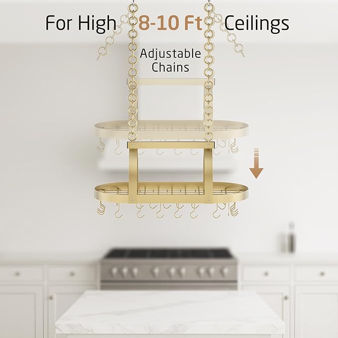 KES Gold 34 Inch Hanging Pot Rack, 100 LBS Capacity Heavy Duty Oval Pot and Pan Hanging Rack Ceiling Mount, Pot Pan Hangers Organizer for Kitchen Island with 20 Hooks (For 16" and 24" Joist)