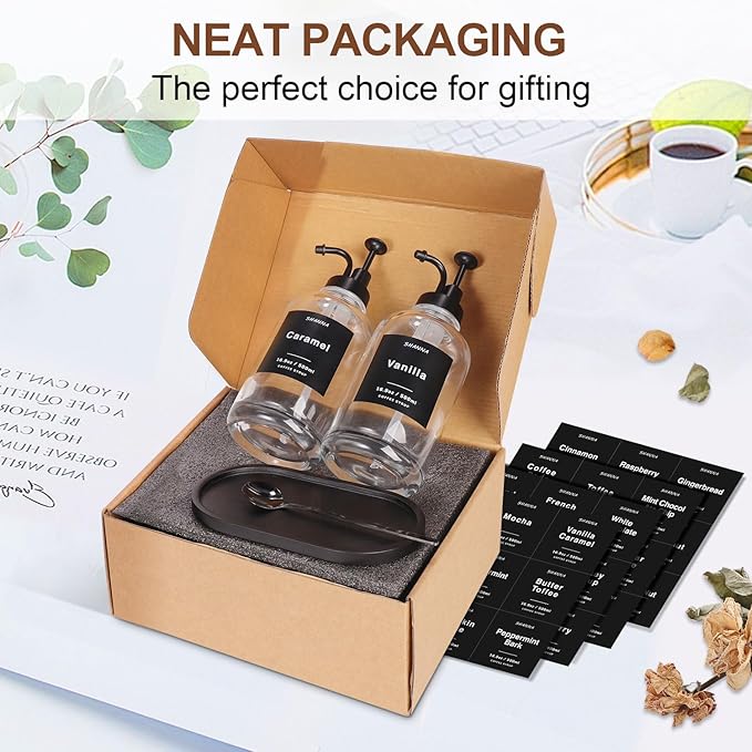 Glass Coffee Dispenser - 16.9oz, Black Scoop, 36 Labels, Bamboo Tray & Pump, 2-Pack