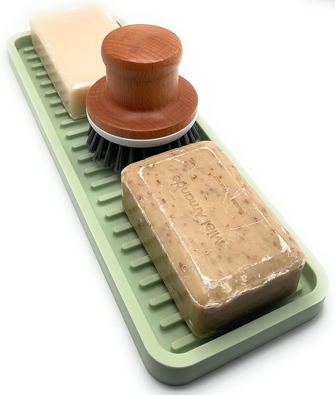 Happitasa Silicone Kitchen Sink Organizer Tray, Sponge Holder and Countertop Protector | Bathroom and Kitchen Soap Dish and Dispenser Tray (Pistachio, 12"x4", 9.2 Ounces)
