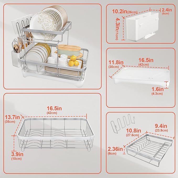 Dish Drying Rack for Kitchen Counter, 2-Tier 304 Stainless Steel Dish Rack with Adjustable Drainage Board, Removable Cup Holder, Utensil Holder, White