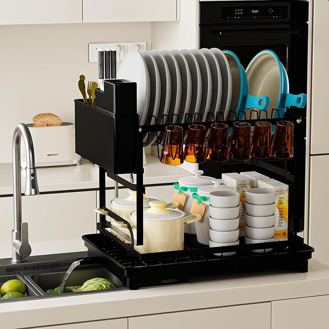 Drying Rack Kitchen, 2-Tier Dish Drying Rack Dish Racks for Kitchen Counter, Large Capacity Kitchen Organizer with Knife Slots & Cutlery Holder, Removable Drainboard for Plates, Bowls, Cups (Black)