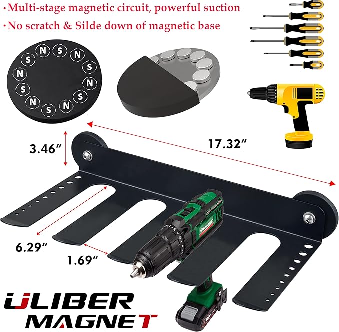 ULIBERMAGNET Power Tool Organizer, Utility Storage Rack Shelf with Screwdriver Holder,Wall Mount Heavy Duty Cordless Drill Holder,Removable Tool Rack Suitable for Garage, Workshop and Warehouse