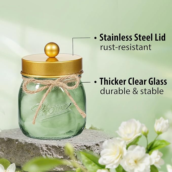 SheeChung Green Glass Qtip Holder Dispenser, Mason Jar Apothecary Jars with Lids, Bathroom Organizers and Storage, Vanity Countertop Canisters Set for Cotton Swab, Ball, Pad, Floss Pick-Gold, 3 Pack