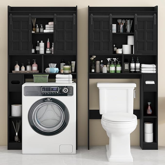 Vabches Over The Toilet Storage Cabinet, Farmhouse Storage Cabinet Over Toilet with Sliding Doors, Home Space-Saving Toilet Rack, for Restroom, Bathroom, Laundry.Black