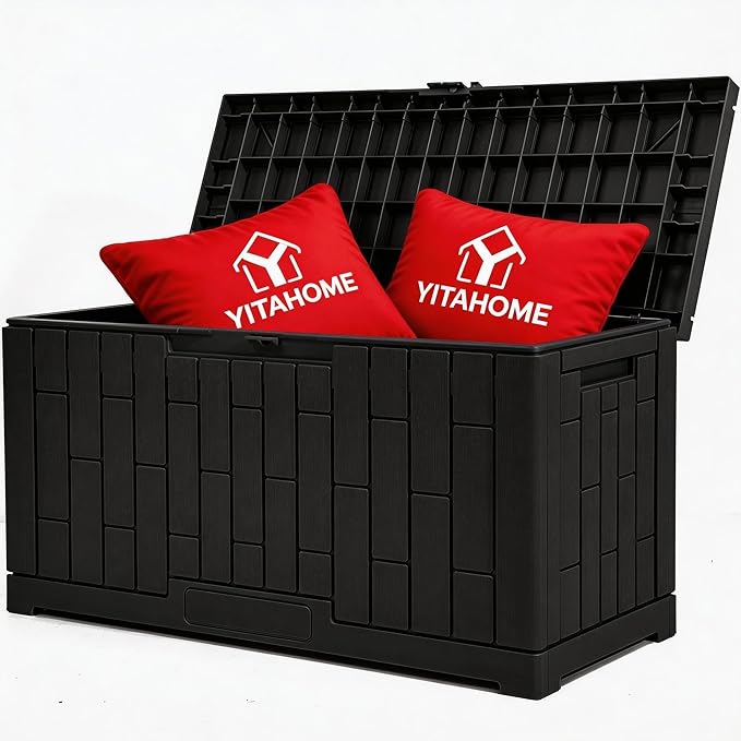 YITAHOME 60 Gallon Outdoor Storage Box, Large Water Resistant Resin Deck Box, Indoor Outdoor Lockable Rattan Storage Container for Patio, Garden, Cushions, Tools, Equipment (Black)
