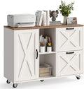 Lateral File Cabinet with 2 Drawers and Door, Mobile Farmhouse File Cabinet for Letter/A4 Size Hanging Files, Large Wood File Storage Cabinets Printer Stand for Home Office, White