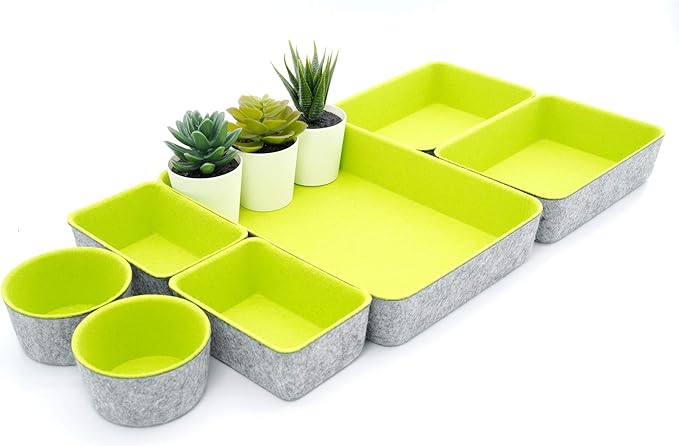 Welaxy Drawer organizer bin felt trays desk storage dividers for home office supplies Nightstand sort catchall entryway 7-piece Pack gift idea (Green)