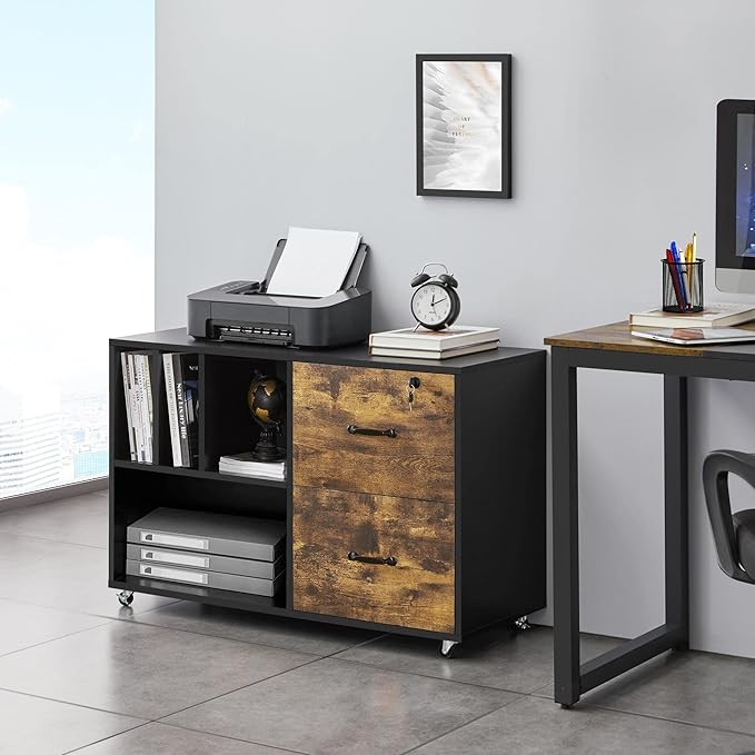 Yaheetech File Cabinets Large Rolling Filing Cabinet Printer Stand on Wheels for Home Office,with 4 Open Storage Shelves,Letter Size A4 Size,Black/Rustic Brown
