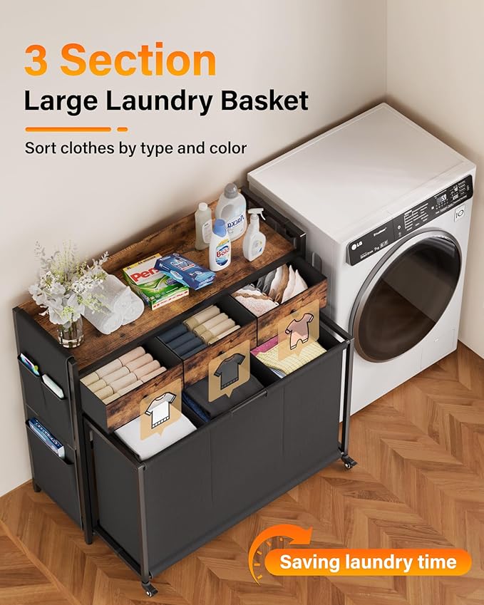 Laundry Hamper Laundry Basket: Rolling Laundry Basket Organizer with Wheels - Laundry Hamper 3 Section with Shelf Drawers Oxford Laundry Bags - Laundry Sorter for Laundry Room Bathroom Bedroom