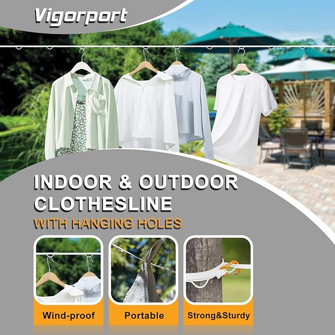 Vigorport Portable Travel Clothesline, Windproof Clothesline with Hang Hole, Indoor and Outdoor Clothes Line for Camping, Hotel, Backyard, Cruise Ship (White, 12.5 Ft)