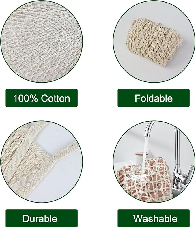 2-Pack Reusable Mesh Grocery Bags, 100% Cotton String, Long Handle Produce Bags, Fruit & Veggie Storage