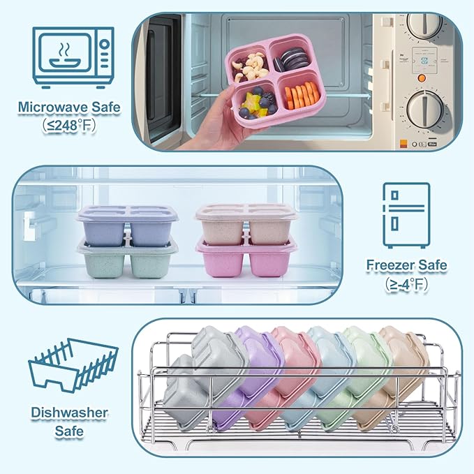 4 Pack Snack Containers, 4 Compartments Snackle Box Container, Meal Prep Reusable Lunchable Container for Adults, Microwave Dishwasher Safe, Food Storage Containers for Work Travel