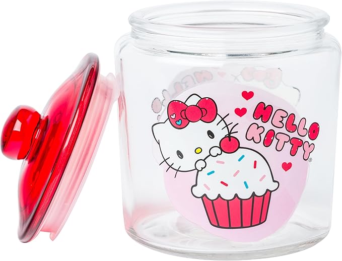 Silver Buffalo Sanrio Hello Kitty Cookie Glass Jar with Lid, 4” x 4” x 6”