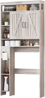 Over The Toilet Storage Cabinet, Farmhouse Storage Cabinet Over Toilet with 2 Barn Door & Toilet Paper Holder Stand, Freestanding Space-Saving Toilet Storage Rack for Bathroom, Laundry, Gray