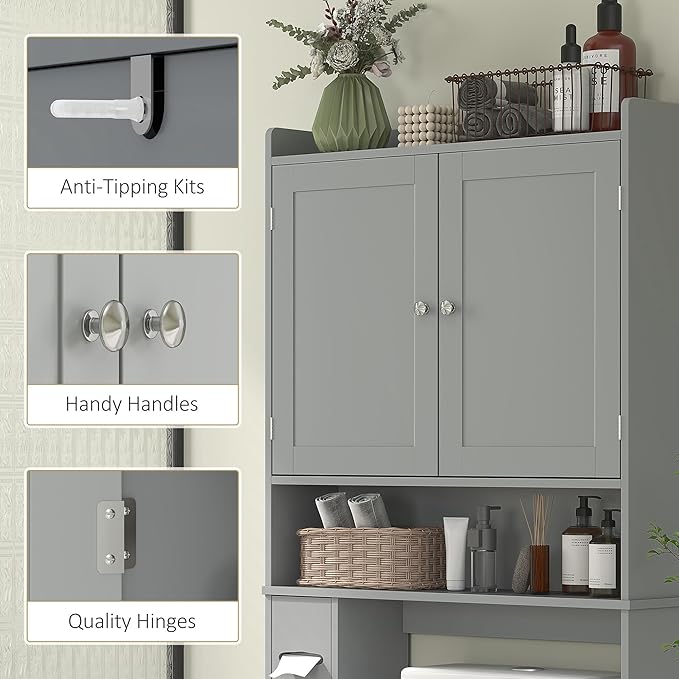 HOMCOM Over the Toilet Storage Cabinet, Modern Above Toilet Bathroom Organizer with 2 Doors, Storage Shelves, Toilet Paper Holder, Freestanding Space Saver for Bathroom, Laundry, Gray