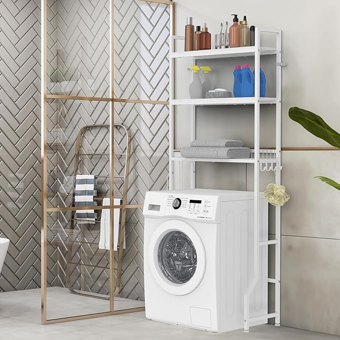 Over the Toilet Organizer White Over the Toilet Shelf with Paper Holder and 3 Hooks 3 Tier Over the Toilet Storage Rack for Restroom, Laundry Bathroom Over the Toilet Cabinet for Small Space
