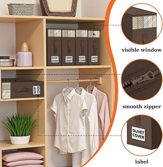 WOWBOX Sheet Organizers and Storage,Closet Bed Sheet Organizer Under Bed Storage and Organization with Label Cards & Clear Window for Bedding Sheets,Duvet Covers,Blankets (8 Pack，Brown)