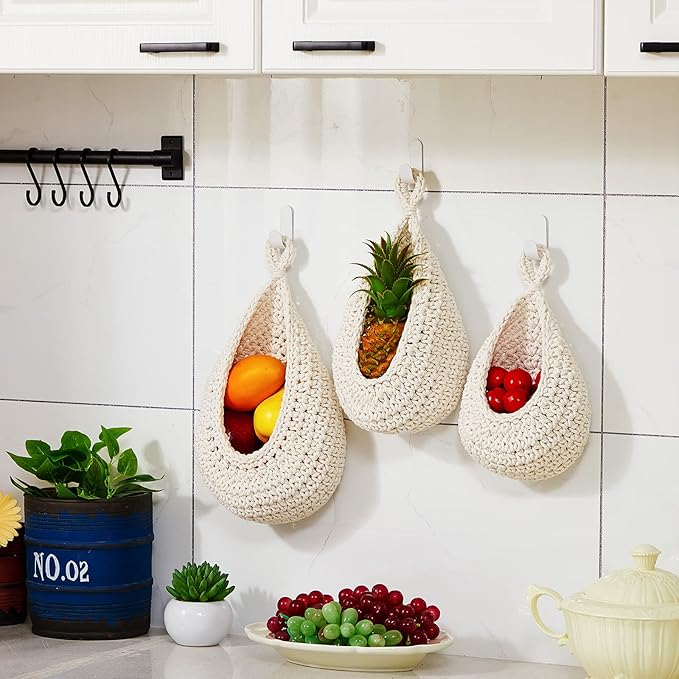 Honeydak Boho Decor Hanging Wall Baskets for Kitchen 3 Pack Teardrop Baskets with Hooks Storage Fruit Onion Vegetable Potato for Home 3 Sizes(White,Teardrop,Cotton Rope)