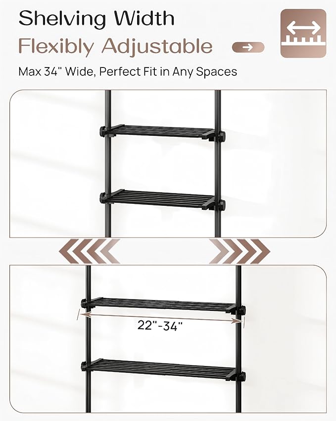 ALLZONE Over The Toilet Storage Cabinet, 4-Tier Adjustable Bathroom Shelves, 22-34 Inch Wide, Tension Mounted Organizer, Space-Saver Narrow Shelf, Fits 66-115 Inch Heights, Black