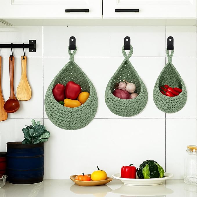 Honeydak Boho Decor Hanging Wall Baskets for Kitchen 3 Pack Teardrop Baskets with Hooks Storage Fruit Onion Vegetable Potato for Home 3 Sizes