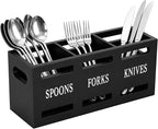 Kitchen Utensils Holder for Counter, Wooden Utensil Organizer for Storage Cooking and Silverware, Black Cooking Utensil Storage Box for Countertop,Wood Organizer with 3 Compartments,Rustic Minimalist.