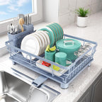 Dish Drying Rack - Space Saving Dish Rack - Dish Racks for Kitchen Counter with Drainboard,Rustproof Dish Drainer with Removable Utensil Holder,Blue