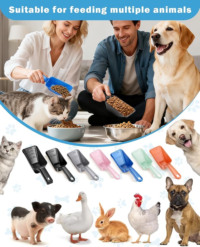 2-Pack Dog Food Scoop Set,1 Cup and 2 Cup Plastic Pet Food Measuring Scoops with Clear Measurement Lines,Multi-Purpose Pet Food Scooper for Dogs, Cats (Blue and Black)