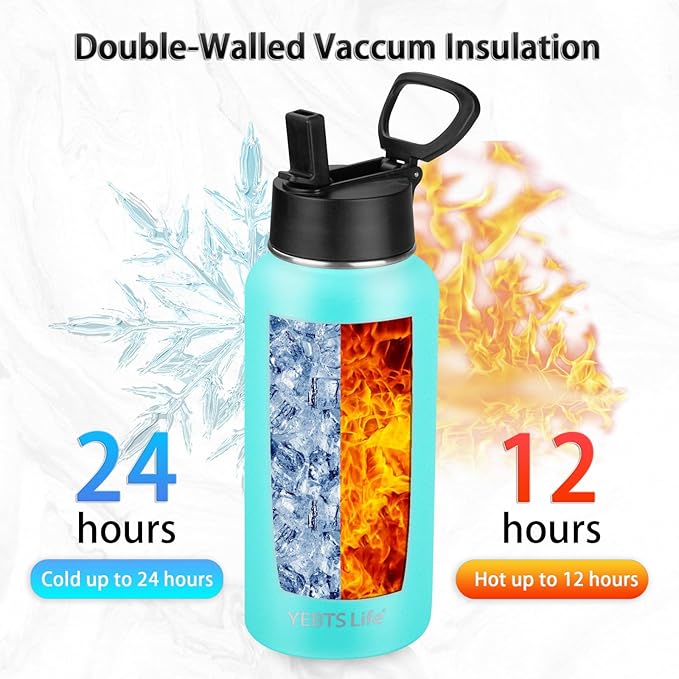 Insulated Water Bottle With Straw,32 oz Vacuum Insulated Stainless Steel Sports Water Flask,Keeps Cold and Hot,Metal Water Bottle Wide Mouth for Gym Travel Camping (Turquoise)