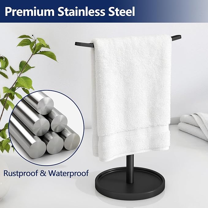 Hand Towel Holder, Stainless Steel Towel Holder Stand for Bathroom, Kitchen Countertop, T-Shaped Hand Towel Rack Stand, Black
