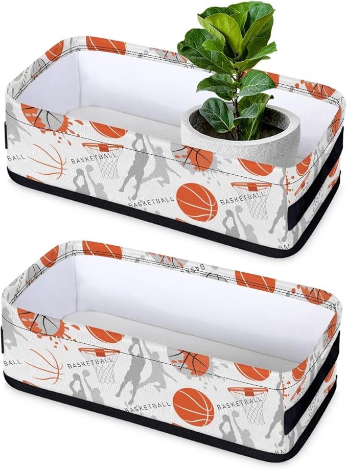 Basketball Small Bathroom Basket Toilet Tank Topper Paper Basket, Sport Themed Basketball Fabric Storage Organizer Bin Small Baskets Decor for Bathroom Counter, Shelf, 2 Pack