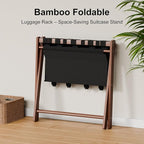 Bamboo Luggage Rack For Guest Room with 4 Storage Compartments, Foldable Suitcase Stand for Guest Room, 150lbs Capacity, Sturdy, Space-Saving and Easy to Assemble Organizer