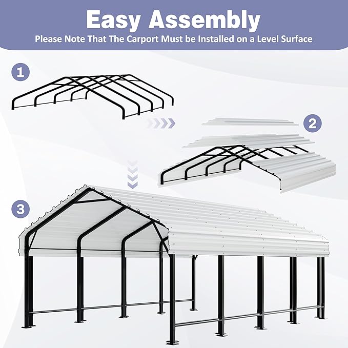 JY QAQA 12 x 20 FT Heavy Duty Metal Carport Canopy with Galvanized Steel Roof, Outdoor Car Tent Metal Garage Shelter for Car, SUV, Trucks and Boats, White