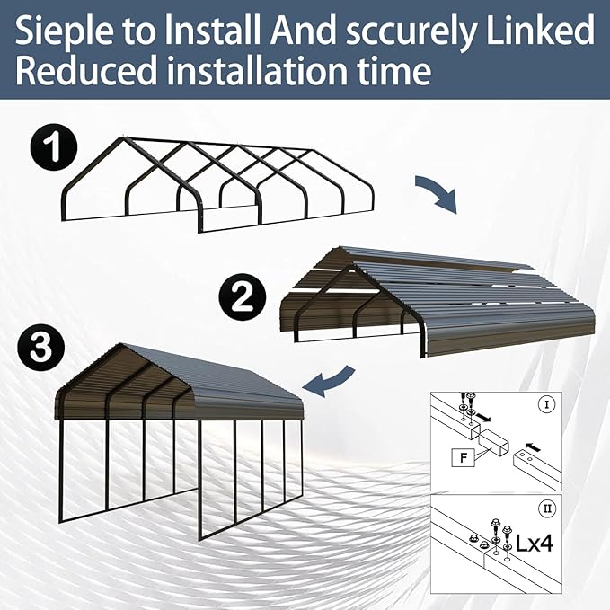 12x20 ft Metal Carport & Portable Garage, Heavy Duty with Galvanized Steel Roof & Frame - Large Tall Carports Canopy for Snow, Grey for Outdoor Garages
