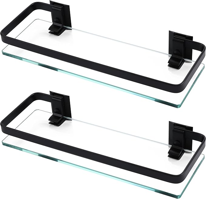 KES Bathroom Glass Shelf, Glass Floating Shelves Aluminum Black Extra Thick Tempered Rectangular 1 Tier Basket Wall Mounted, 2 Pack, A4126A-BK-P2