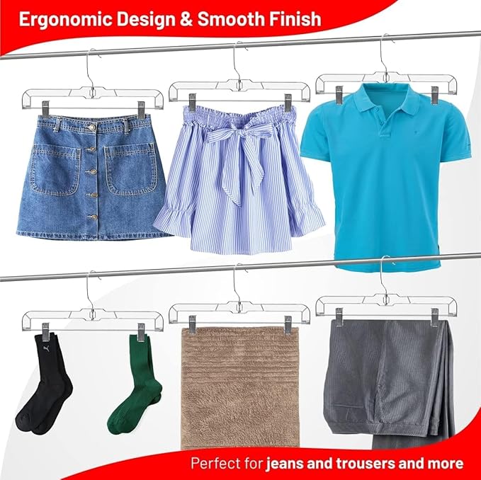 DEILSY™ Skirt Hangers Pants Hanger with Clips Hanger Shorts Clear Plastic Clothes with 2-Adjustable Clip Non-Slip Clothes Perfect for Pant, Pack of 25