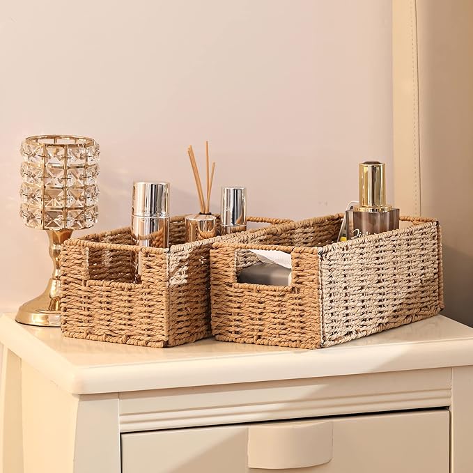 Vagusicc Wicker Storage Basket, Set of 2 Hand-Woven Paper Rope Wicker Basket, Small Storage Baskets for Organizing Toilet Paper Basket, Foldable Large Cube Storage Organizer Bins for Shelves (Natural)