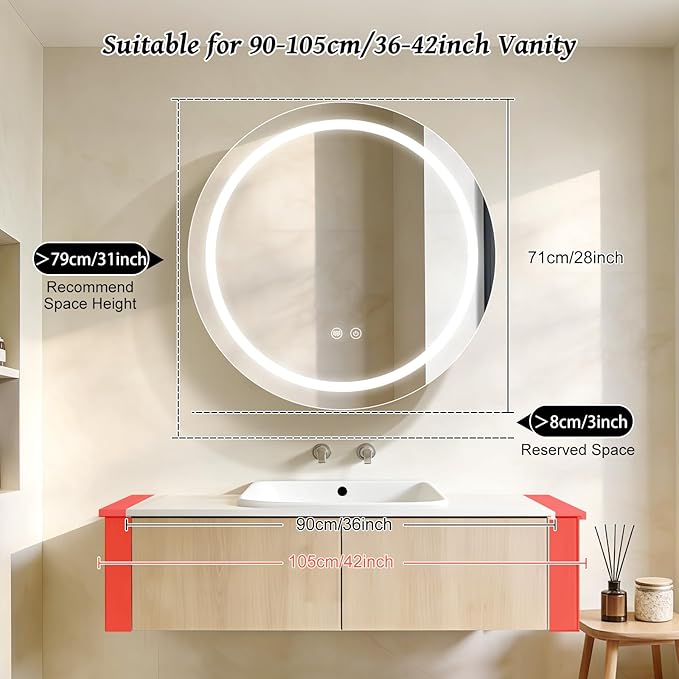 Led Round Medicine Cabinet,Bathroom Medicine Cabinet with Light,3 Color,Demister,Dimmable,Steel Constrution,White,Only for Surface Mount,28 inch