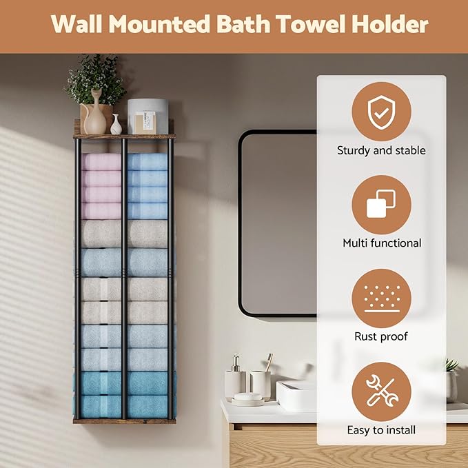 Towel Racks for Bathroom Wall Mounted, Upgraded Bathroom Towel Holder Bath Storage Rack for Rolled Towel, Small Towels, Folded Towels, Rustic Organizer Rack with Shelf, 34Inch