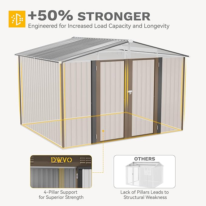 DWVO 10x8ft Outdoor Storage Shed, Large Metal Tool Sheds, Heavy Duty Storage House with Lockable Doors & Air Vent for Backyard Patio Lawn to Store Bikes, Tools, Lawnmowers, Brown
