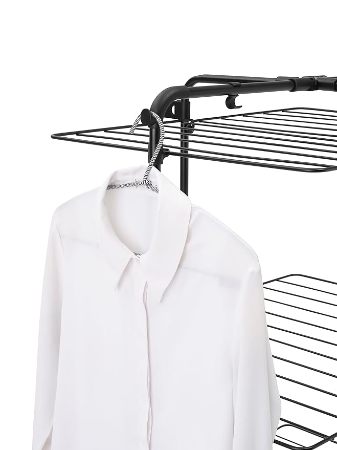Brabantia HangOn Tower Clothes Drying Rack with Wheels | 98ft (30m) | Matt Black | Tall 3-Tier Indoor Clothes Airer with Adjustable Shelves for Towels, Folds Flat to Save Space | Fits 3 Full Loads